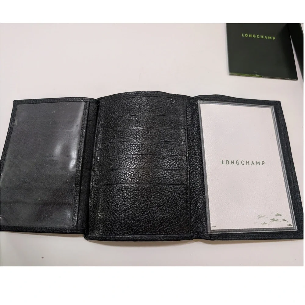 Longchamp Large Mens Black Pebbled Leather Trifold Wallet & Passport w Box‎